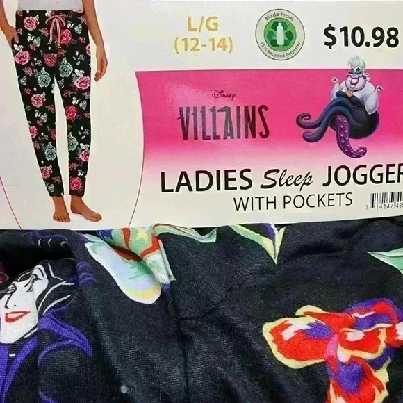 Disney Villains Womens Sleep Jogger with Pockets Super Soft & Comfy Black Floral - Picture 9 of 10